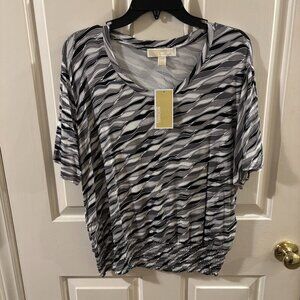 Michael Kors Women's Black/White Short Sleeve Soft Shirt Smocked Hem ~ M ~ NWT